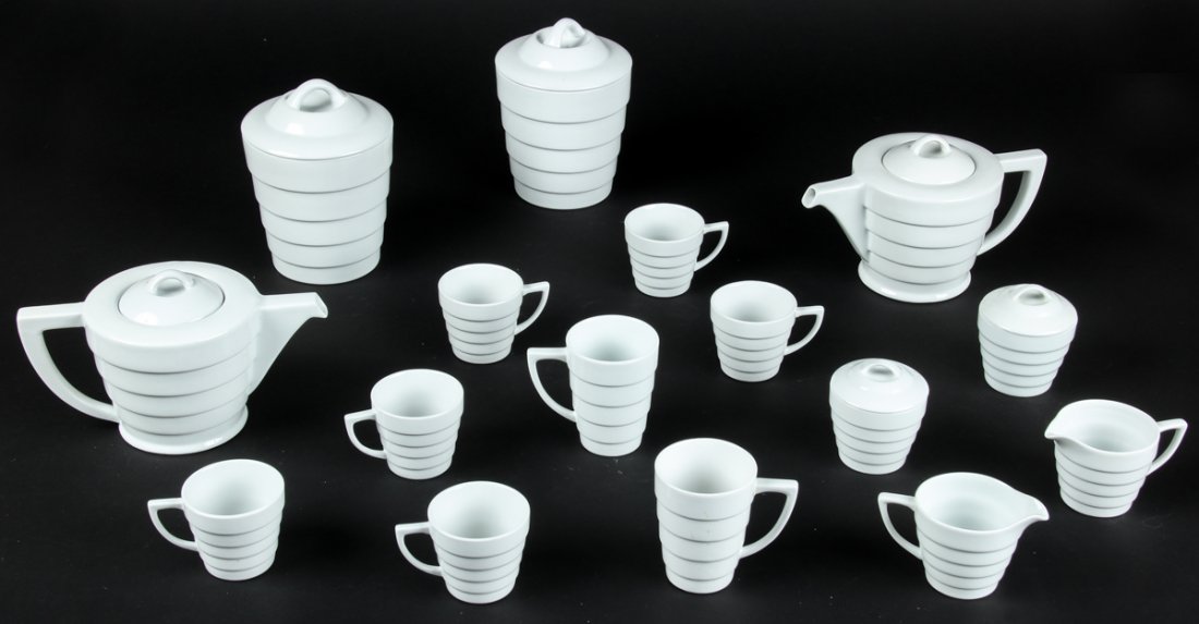 16 piece Frank Lloyd Wright Foundation China Set: 16 piece Frank Lloyd Wright Foundation Tea & Coffee Service for The Guggenheim. New and unused. Including 2 Biscuit Jars, 2 Coffee/Teapots, 2 Creamers, 2 Sugars, 6 small cups, 2 large cups. Ranging in