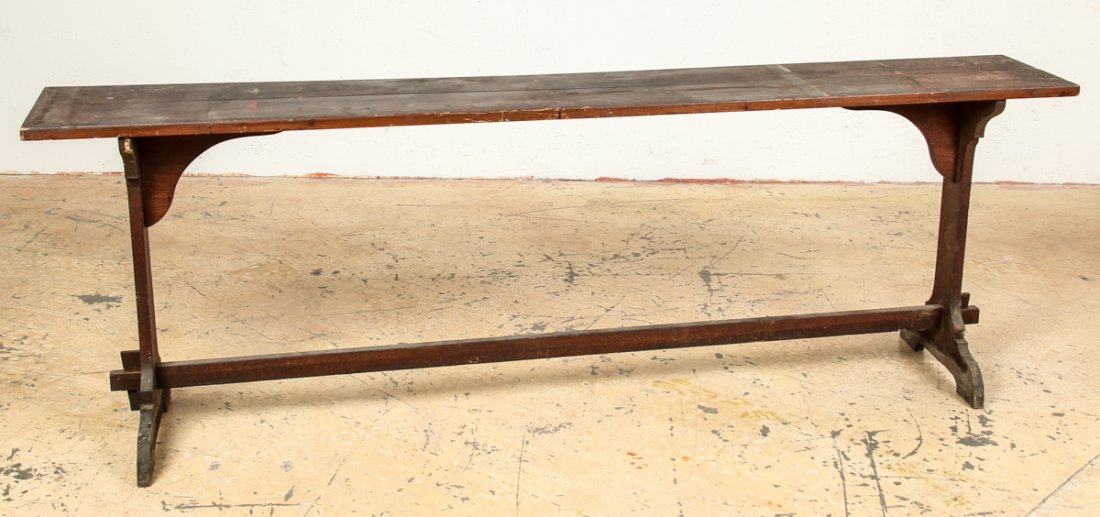 General Store Mission Trestle Table: General Store Mission Trestle Table. Mortise and tenon stretcher with breadboard top. Size: 30.5" x 90" x 14" (77 x 229 x 36 cm).