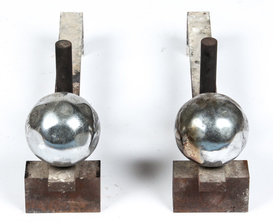 Adnet Style Hammered Sphere Andirons: Adnet Style Hammered Sphere Andirons. Size: 9.75" x 5" x 22.5", 25 x 13 x 57 cm (each). Prov: Estate of Sharon Simonaire, NYC.