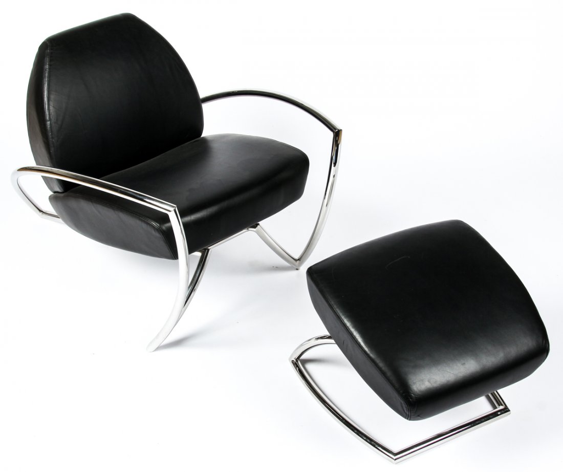 Brueton Tube Chrome Chair and Ottoman: Brueton Tube Chrome Chair and Ottoman. Size: 16" x 20" x 16.5", 41 x 51 x 42 cm (ottoman); 28" x 28" x 36", 71 x 71 x 91 cm (chair).