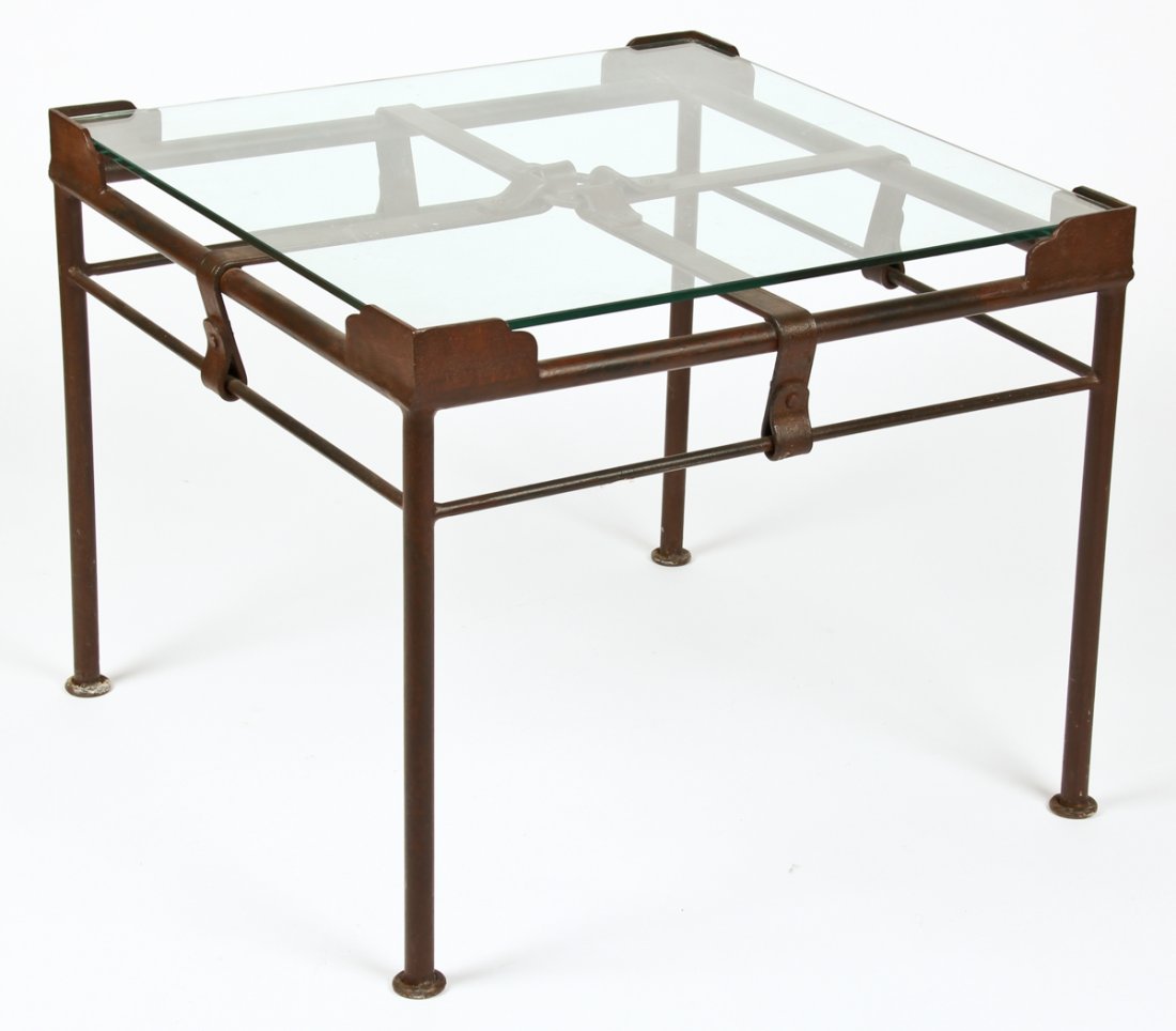 Modern Bridle Tack Theme Garden Table: Modern Bridle Tack Theme Garden Table. Powdercoated steel with strap and buckle elements. Size: 24" x 28.75" x 28.75" (61 x 73 x 73 cm).