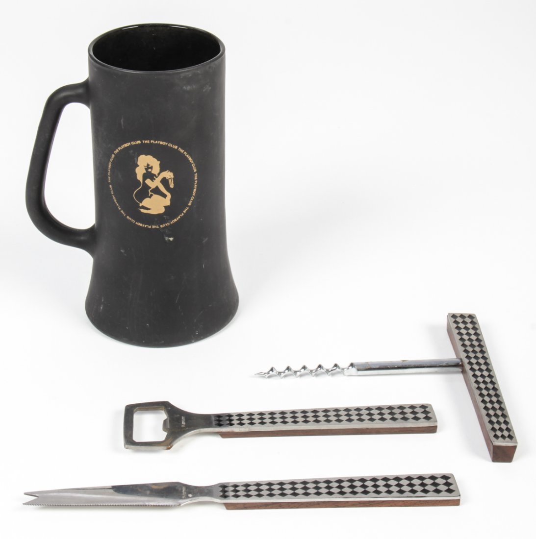 Vintage Playboy Club Tankard and Barware Accessories: Vintage Playboy Club Tankard and Barware Accessories. Size: 6.5" x 3.5" x 3.5", 17 x 9 x 9 cm (largest).
