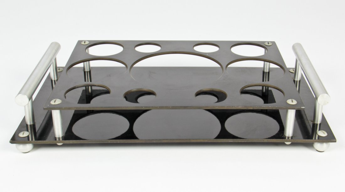 Vintage Aero Art Drinks Tray: Vintage Aero Art Drinks Tray. Designed for and used on DC-3 aircraft. Fitted resin with machined aluminum ferrules, feet and handles. Size: 3.25" x 18" x 10" (8 x 46 x 25 cm).