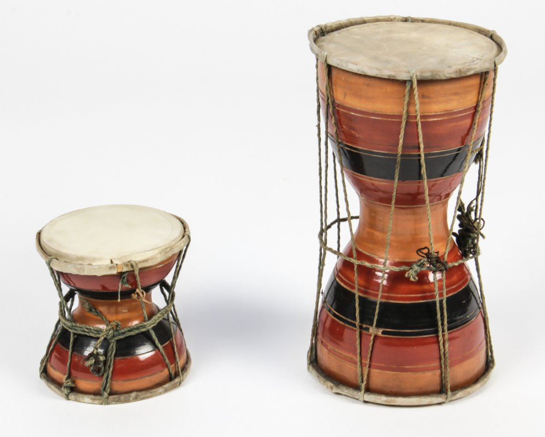 Antique 19th C. West African Talking Drums: Antique 19th C. West African Talking Drums. Size: 9" x 4.75" x 4.75" (23 x 12 x 12 cm) and 3.75" x 3.75" x 3.75" (9.5 x 9.5 x 9.5 cm).