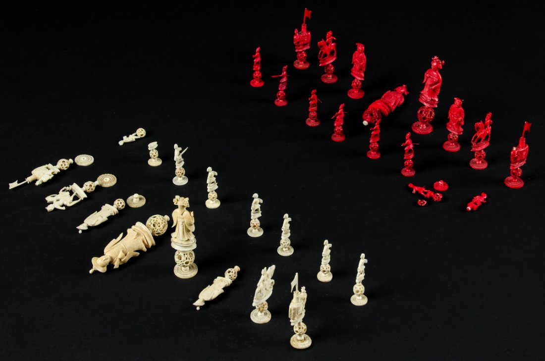 Antique Chinese 19th C. Carved Bone Chess Set: Antique Chinese 19th c. Carved Bone Chess Set. Mystery ball motif. Damages.