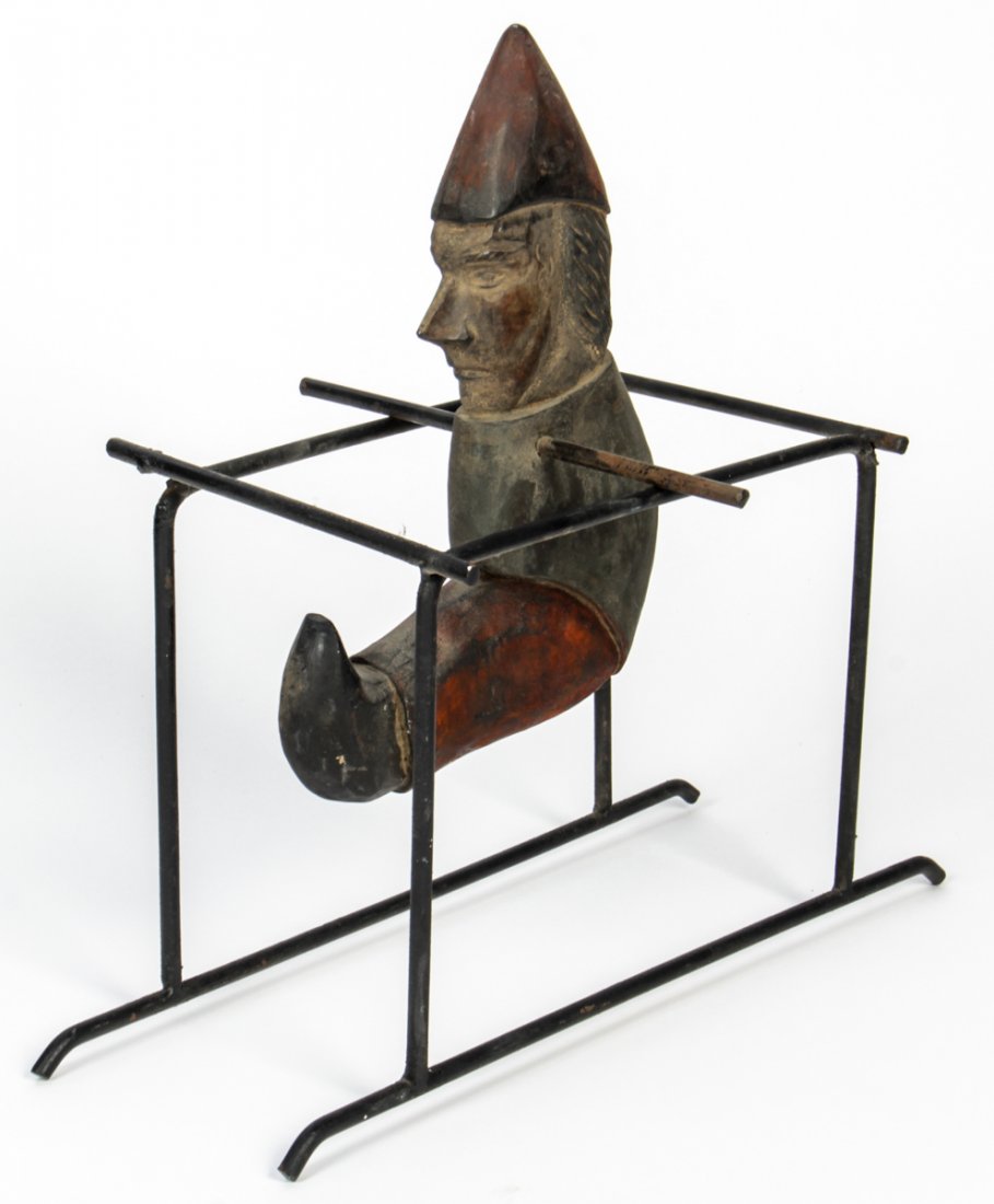 Carved Wooden Kinetic Toy on Metal Stand: Carved Wooden Kinetic Toy on Metal Stand. Size: 11" x 1.25" x 8", 28 x 3 x 20 cm (without stand).