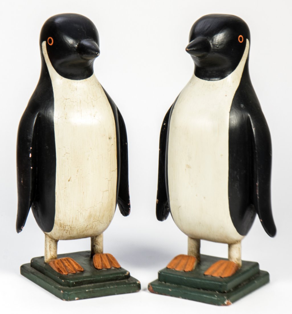 Pair Folk Art Carved Wooden Penguins: pair Folk Art Carved Wooden Penguins. Size: 20" x 8.5" x 8" (51 x 22 x 20 cm). Provenance: Ex Robert Hazard Collection.