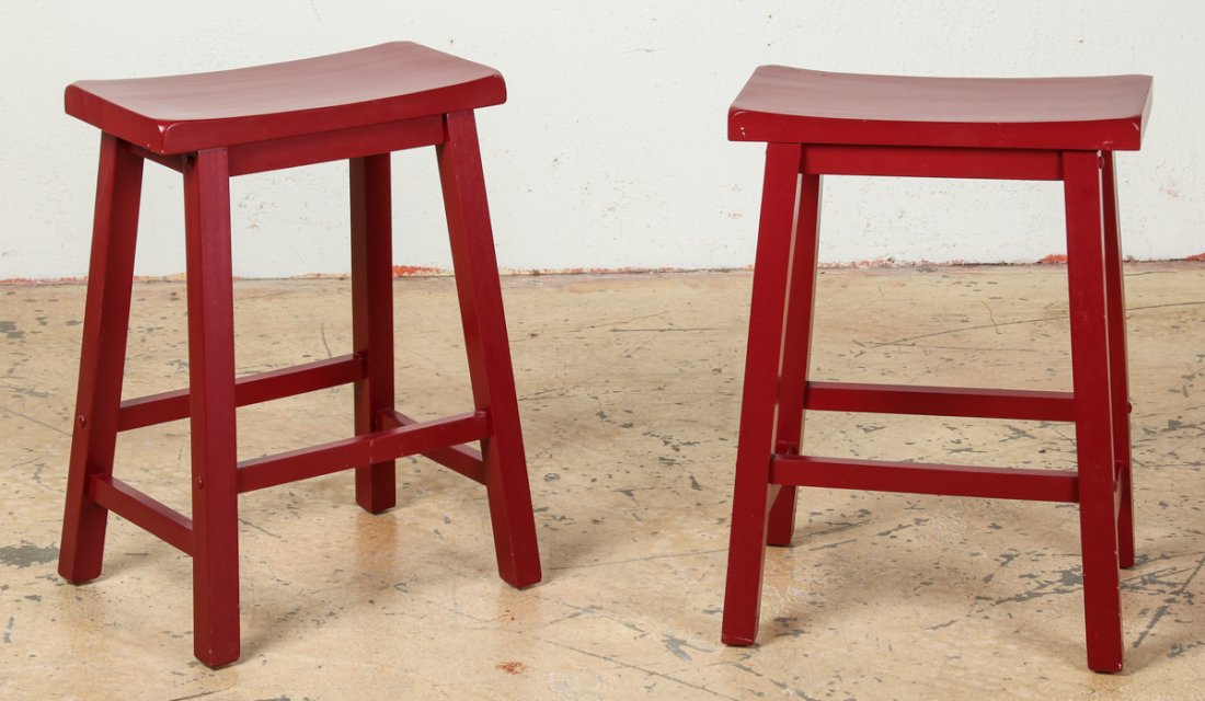 Matching Red Chinese Style Stools: Matching Red Chinese Style Stools. Labeled Powell. Sizes each: 24" x 17.5" x 9" (61 x 44 x 23 cm).