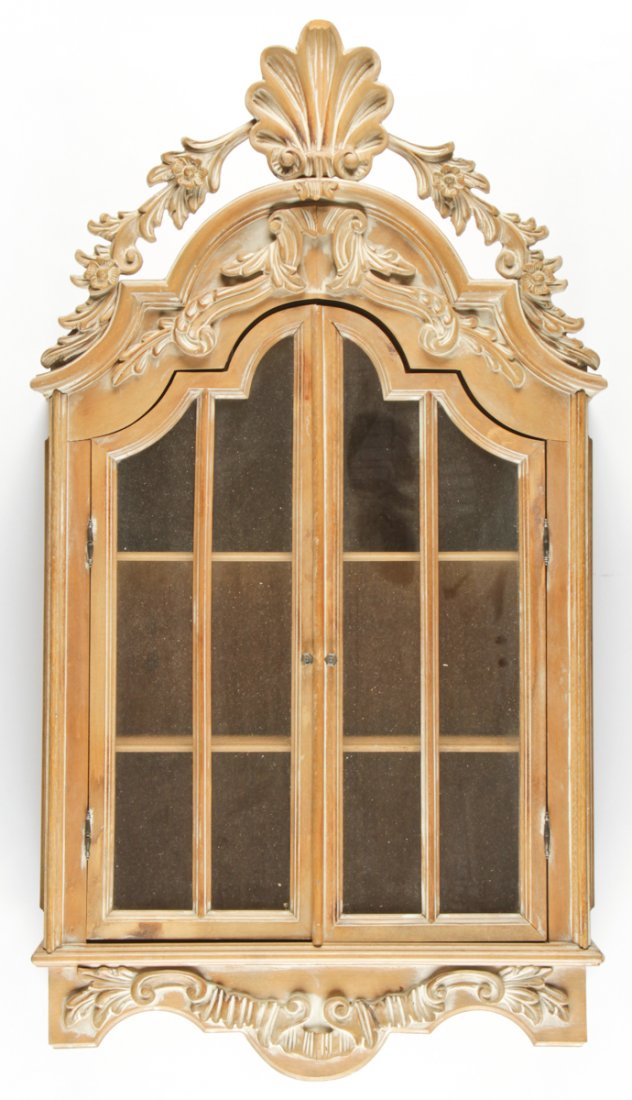 French Provincial Style Wall Hung Curio: French Provincial Style Wall Hung Curio. Size: 45" x 26" x 10" (114 x 66 x 25 cm).