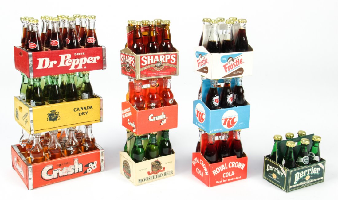 Group of 10 Miniature Novelty Soda and Beer Bottle: Group of 10 Miniature Novelty Soda and Beer Bottle Packs (three 12 packs with wood crates, seven 6 packs) including Dr, Pepper, Canada Dry, Crush, Royal Crown Cola, Perrier, RC, Frostie, Sharps, Moose