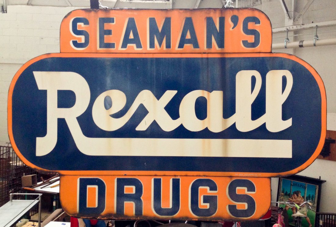 Rexall Seaman's Drug Porcelain Sign, Double Sided: Rexall Seaman's Drugs (Perth Amboy, NJ) Collectible Vintage Porcelain, Double-Sided Outdoor Drug Store Advertising Sign, by the Ohio Thermometer Co. of Springfield Ohio. Size: 48" x 60" (122 x 152 cm)