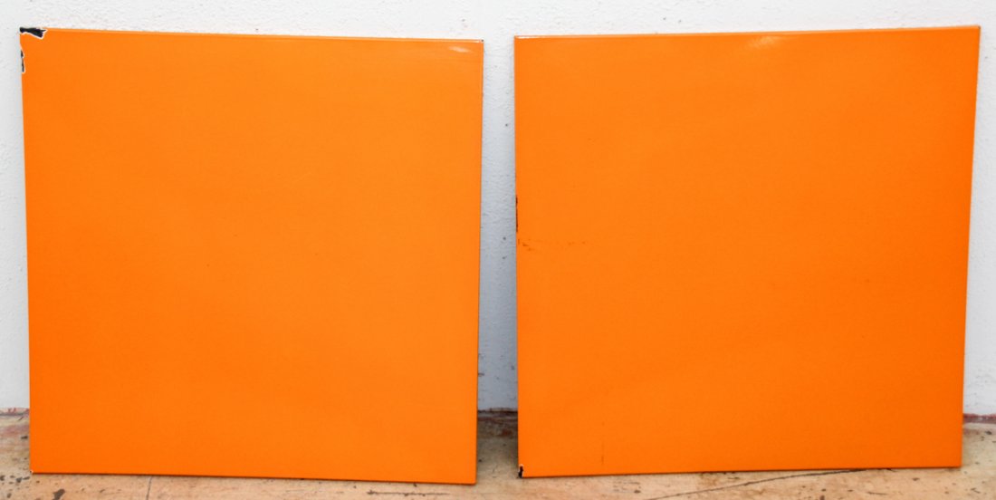 Rexall Orange Enameled Steel Panels: Rexall Orange Enameled Steel Panels. Ideal for reuse as table tops. Size: 34" x 34", 86 x 86 cm (each panel).