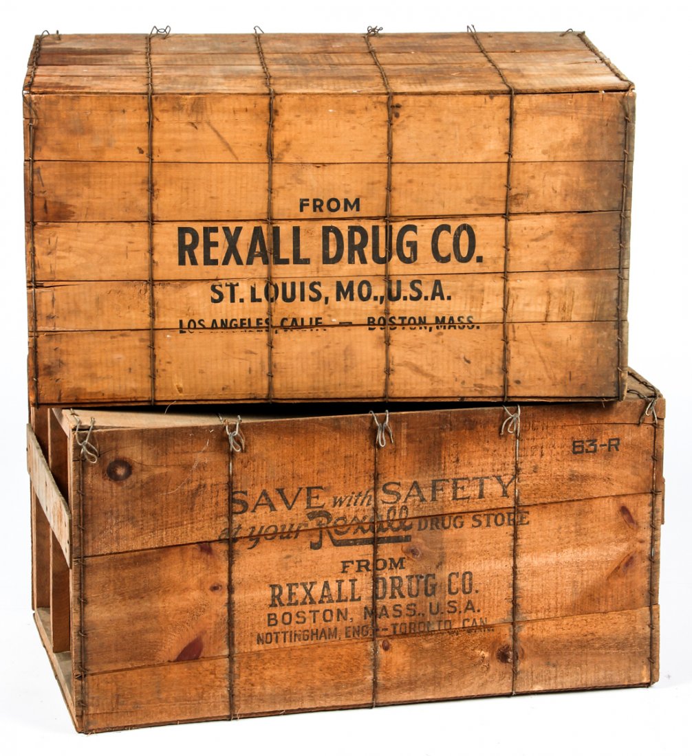 Antique Rexall Drug Co. Stave Side Crates: Antique Rexall Drug Co. Stave Side Crates. Size: 17" x 31.75" x 19", 43 x 81 x 48 cm (each).