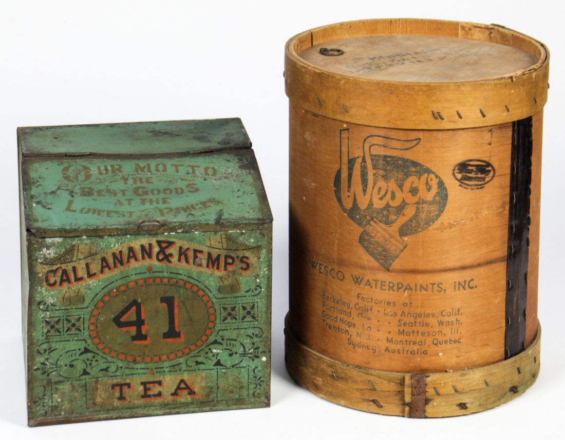 Group of 2 Vintage General Store Advertising Containers: Group of 2 Vintage General Store Advertising Containers. Consisting of a Callanan and Kemp's Tea scuttle form tin and a shaker style stave barrel. for Wesco Paint. Size: 14.5" x 11.5" x 11.5", 37 x 29