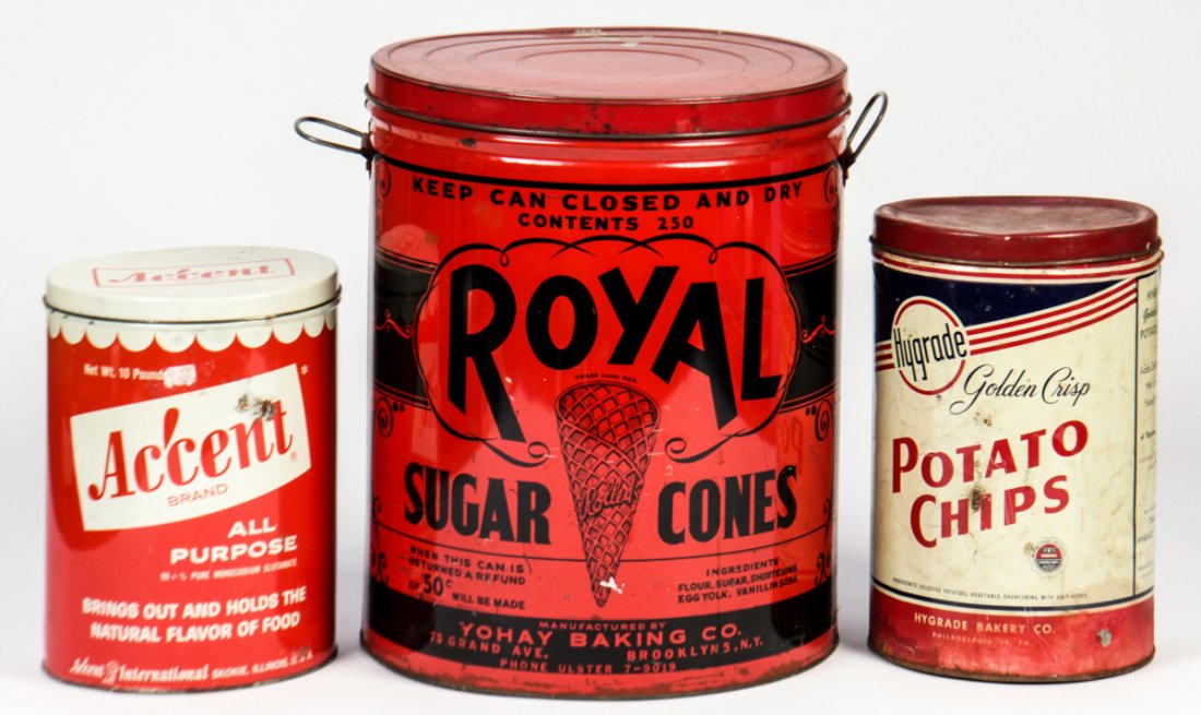Vintage General Store Advertising Tins: Vintage General Store Advertising Tins. Including a Royal Sugar Cones tin, a Hygrade Potato Chips canister, and an Accent Seasoning can. Size: 15.5" x 12.5" x 12.5", 39 x 32 x 32 cm (largest).