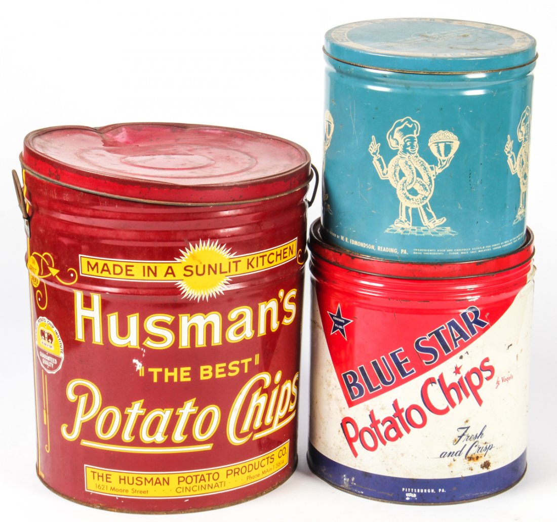 Group of 3 Vintage Snack Tins: Group of 3 Vintage Snack Tins: Husman's Potato Chips, Billy's Pretzels (Reading, PA), and Blue Star Chips. Size: 14" x 13" x 13", 36 x 33 x 33 cm (largest).