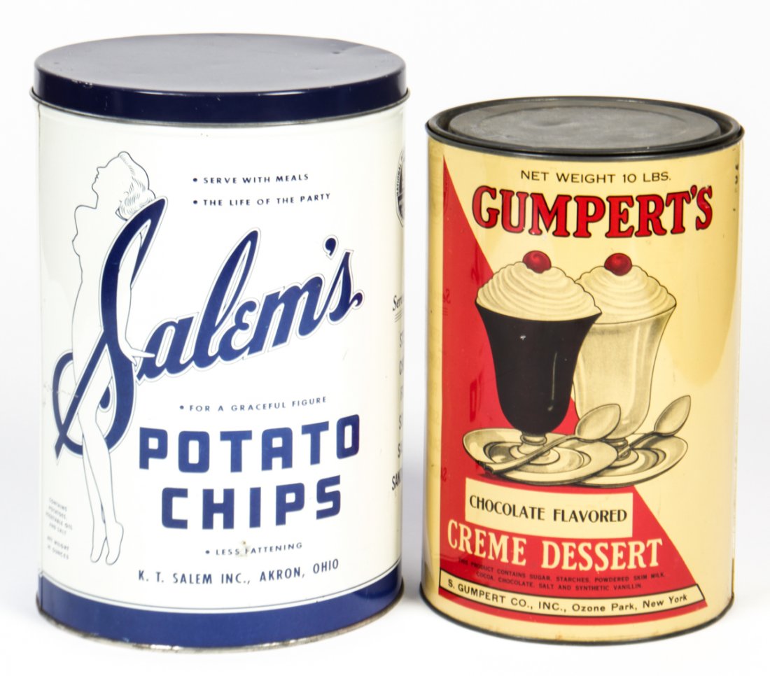 Collection of 2 Vintage General Store Advertising Tins: Collection of 2 Vintage General Store Advertising Tins. Consisting of tins for Salem's Potato chips and Gumpert's Creme Dessert. Size: 11.5" x 7.5" x 7.5", 29 x 19 x 19 cm (largest).