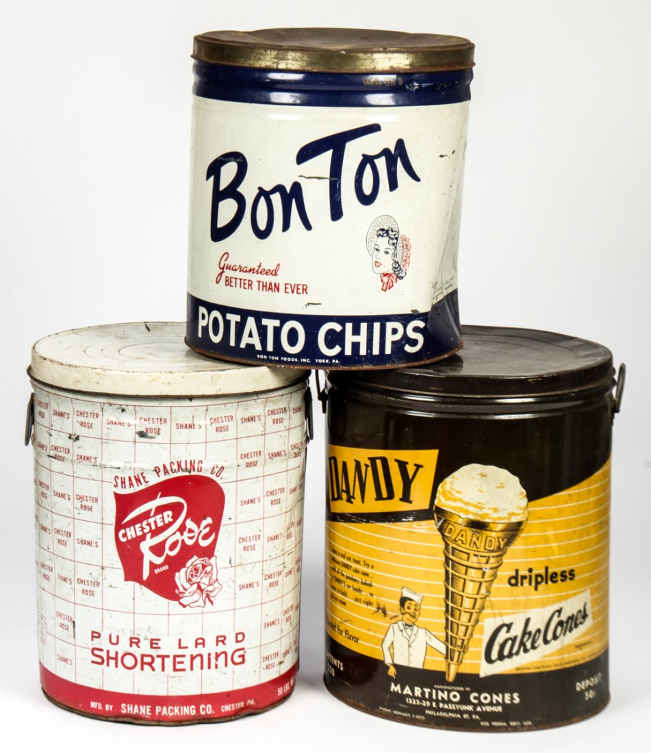 3 Pc Vintage Tins Lot: 3 Pc Vintage Tins Lot: Bon Ton Potato Chips, Chester Rose Pure Lard Shortening and Dandy Cake Cones. Size: 16" x 12.5"D, 41 x 32 cm (largest).