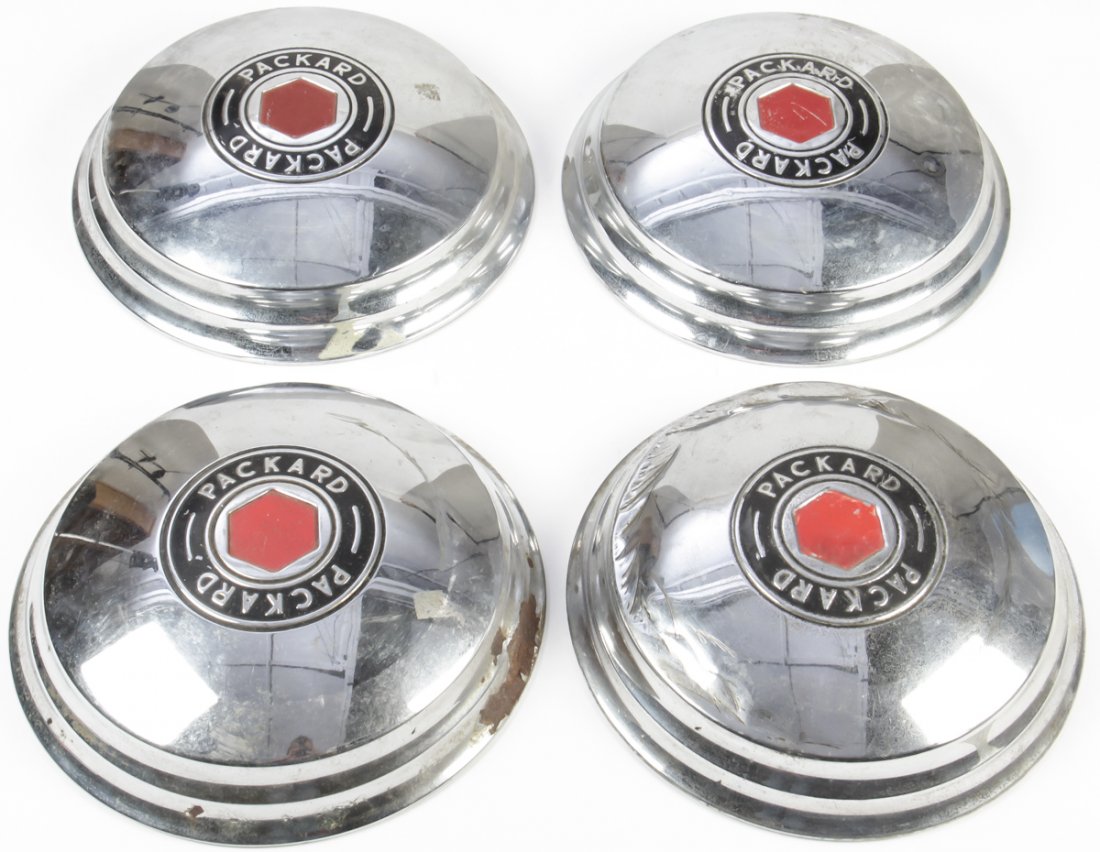 Complete set of 4 Packard Hub Caps: Complete set of 4 Packard Hub Caps. Size: 13" x 13", 33 x 33 cm (each).