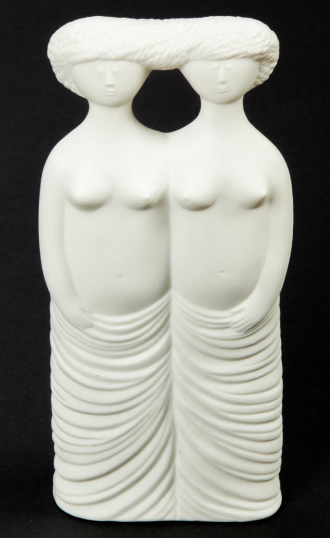 Stig Lindberg for Gustavsberg Parian: Stig Lindberg for Gustavsberg Parian. Gemini figure. Signed Stig L. Size: 9" x 4" x 1.75" ( 23 x 10 x 4 cm).