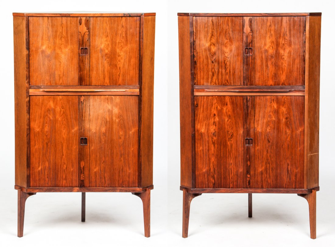 Pair Danish Modern Rosewood Veneer Corner Cabinets: Pair Danish Modern Rosewood Veneer Corner Cabinets. Size: 57" x 33" x 23" (145 x 84 x 58 cm) each. Gladwyne, Pa. estate.