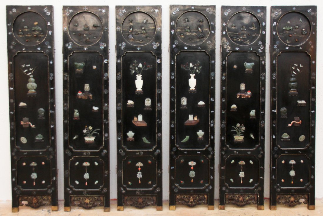 Antique Chinese Six-Panel Jade and Nacre Screen: Antique Chinese Six-Panel Jade and Nacre Inlaid Screen. Size: each panel 72" x 16" x 1.25" (183 x 40.5 x 3 cm). Voorhees, NJ estate.