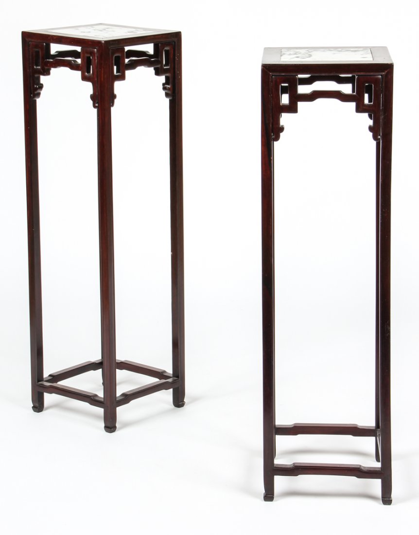 Pair of Chinese Marble Top Wooden Stands: Pair of Chinese Marble Top Wooden Stands. Size: 38" x 11" x 11" (97 x 28 x 28 cm).