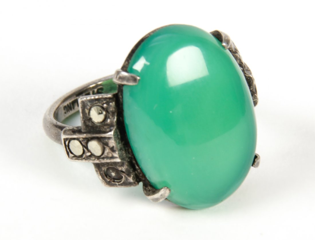 Jade or Hardstone Cabochon and Marcasite Ring: Jade or Hardstone Cabochon and Marcasite Ring, marked sterling. Size: 4.5.
