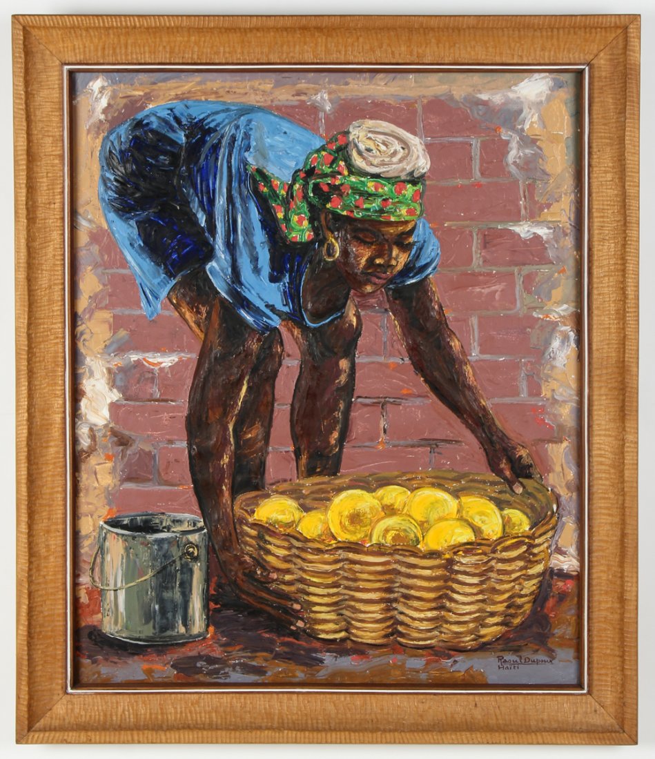 Raoul Dupoux (Haitian, 1906-1988) Portrait: Raoul Dupoux (Haitian, 1906-1988) Portrait of a Woman with a Basket of Lemons, oil painting on canvas, early 1950's. Size: 36" x 29.5", 91 x 75 cm (stretcher); 41.5" x 35", 105 x 89 cm (frame).