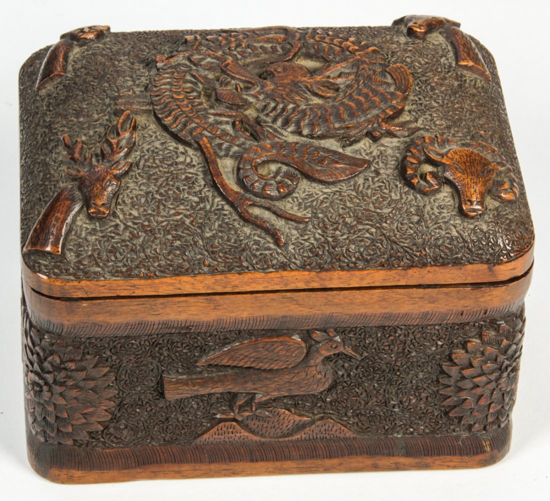 Antique Carved Hard-Wood Box with Dragon Motif: Antique Carved Hard-Wood Box with Dragon Motif, Possibly Black Forest. Size: 4.25" x 5.75" x 4.25" (11 x 15 x 11 cm).