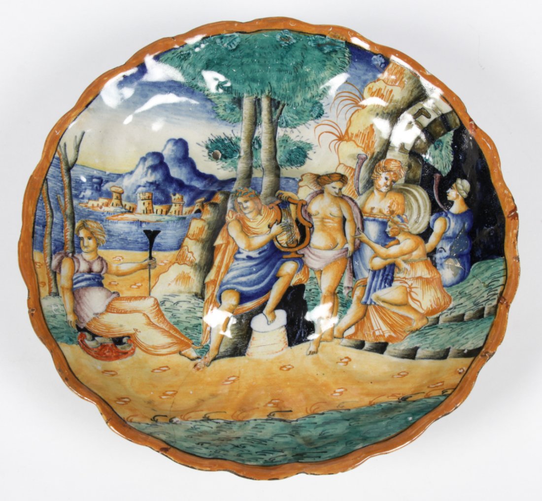 Antique Italian Maiolica Istoriato Molded Dish: Antique Italian maiolica (majolica) istoriato molded dish on raised foot (Crespina), painted with Apollo and the Muses in a landscape (after Raphael), probably made in Pesaro (repair at 3 o'clock). Si