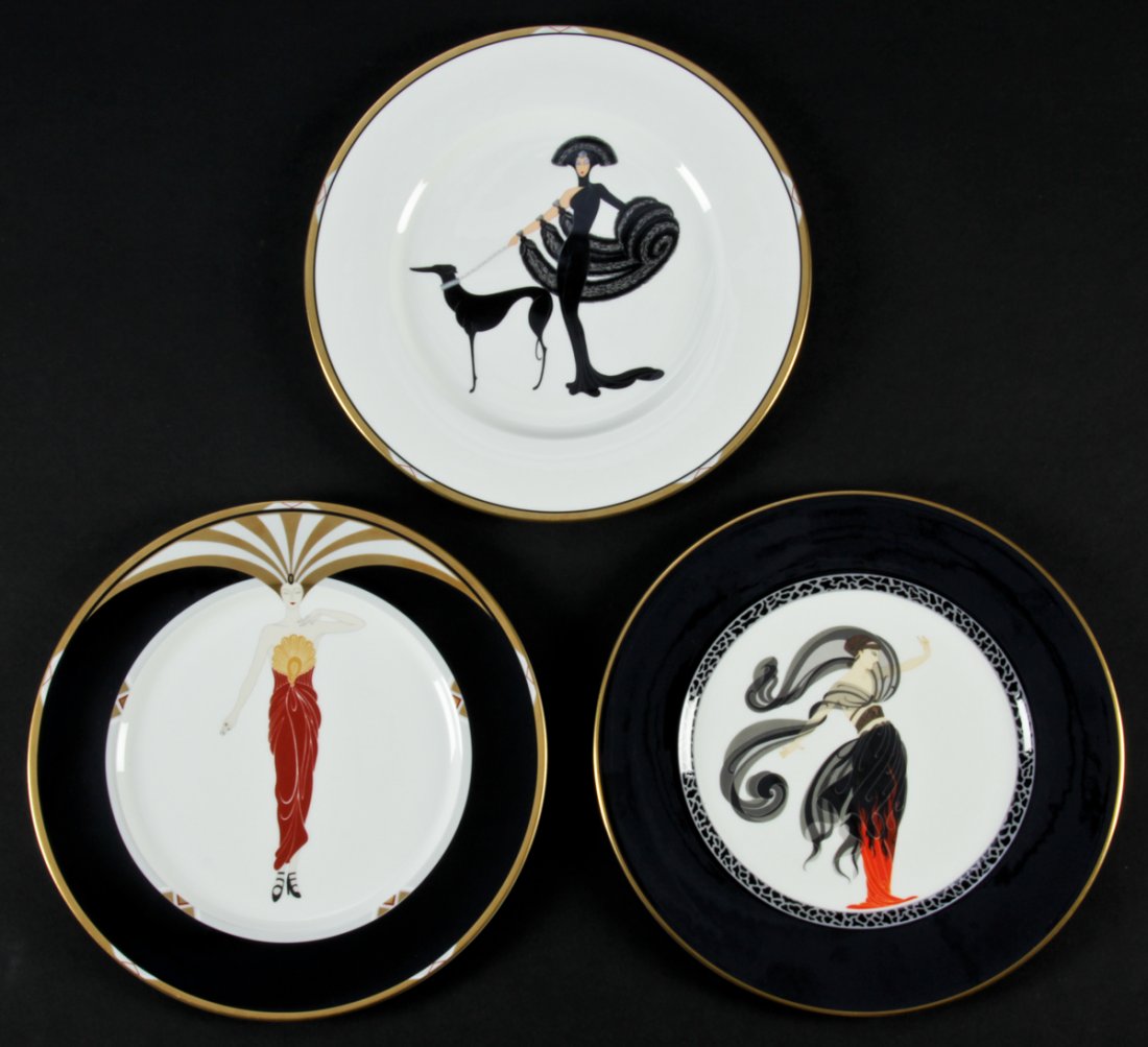 3 Erte Bone China Plates: 3 Erte Bone China Plates: Symphony in Black; Flames D'Amour; Le Soleil Ebony; Size:12" (30 cm) Diameter.