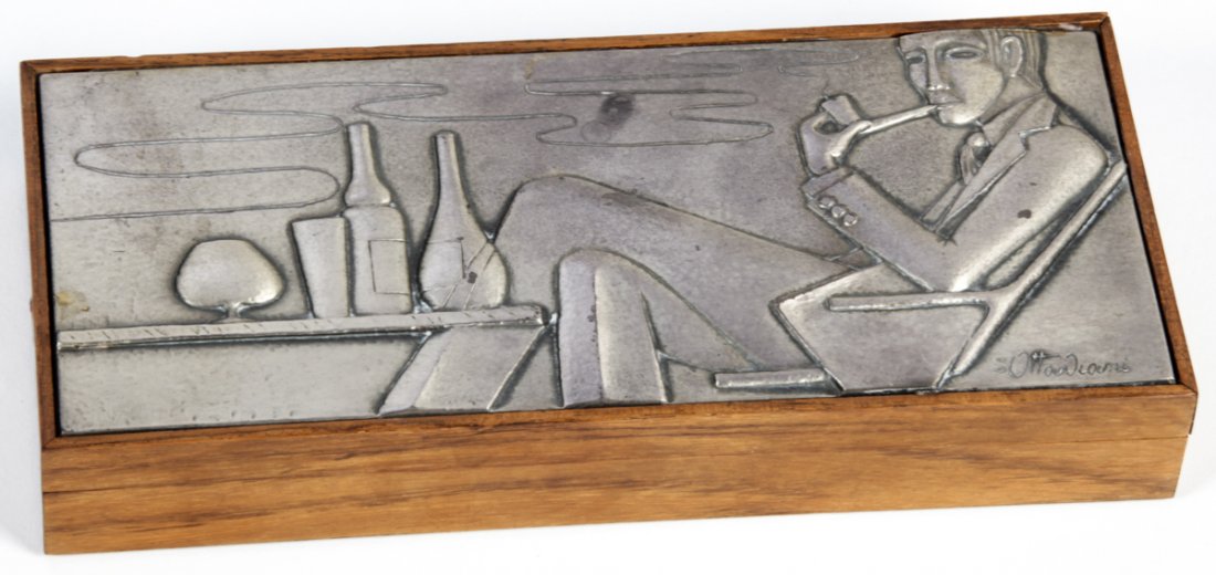 Vintage Ottoviani Cigarette Box: Vintage Ottoviani Cigarette Box. Hinged mahogany box within relief cast sterling silver plaque. Marked Ottoviani 925 and bearing a foundry mark in a lozenge that reads "8 M". Size: 1.5" x 9.5" x 4.25"