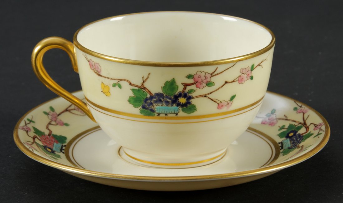 Fine Lenox Tiffany & Co. Ming Pattern Cup and Saucer: Fine Lenox Tiffany & Co. Ming Pattern Cup and Saucer Set. Size: 2"H x 3.5"D (5 x 9 cm) cup, 5.5"D (14 cm) saucer.