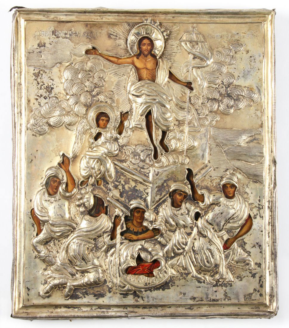 Antique 19th c. Russian Icon of the Resurrection: Antique 19th c. Russian Orthodox Icon, depicting the Resurrection of Christ, hand painted egg tempera and gesso on wood panel, with hallmarked silver oklad. Size: 13.75" x 11.75" (35 x 30 cm).