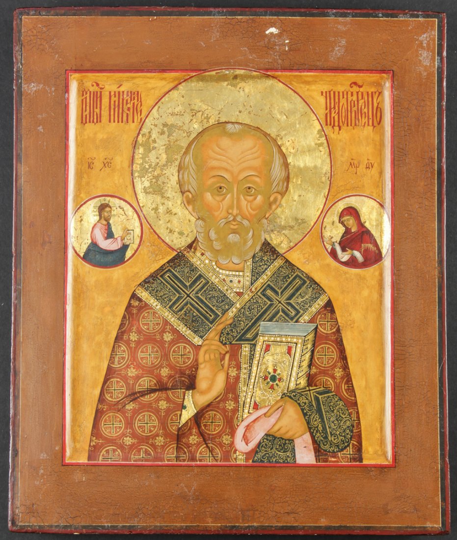 Antique Moscow School Russian Icon of St. Nicholas: Antique 19th c. Moscow School Russian Orthodox Icon, depicting St. Nicholas, hand painted egg tempera and gesso on wood panel. Size: 13" x 10.75" (33 x 27 cm).
