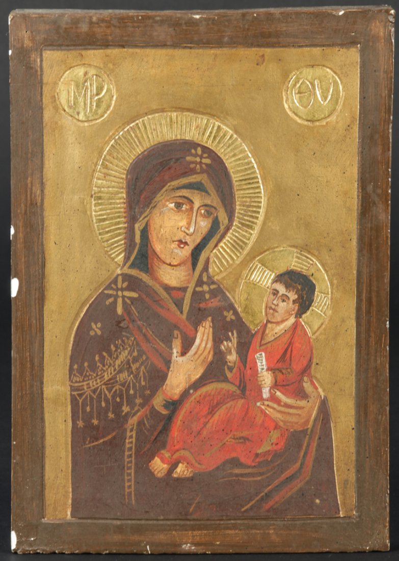 Early 20th c. Greek Orthodox Icon: Early 20th c. Greek Orthodox Icon, hand painted egg tempera and gesso on wood panel. Size: 12" x 8.25" (30 x 21 cm).