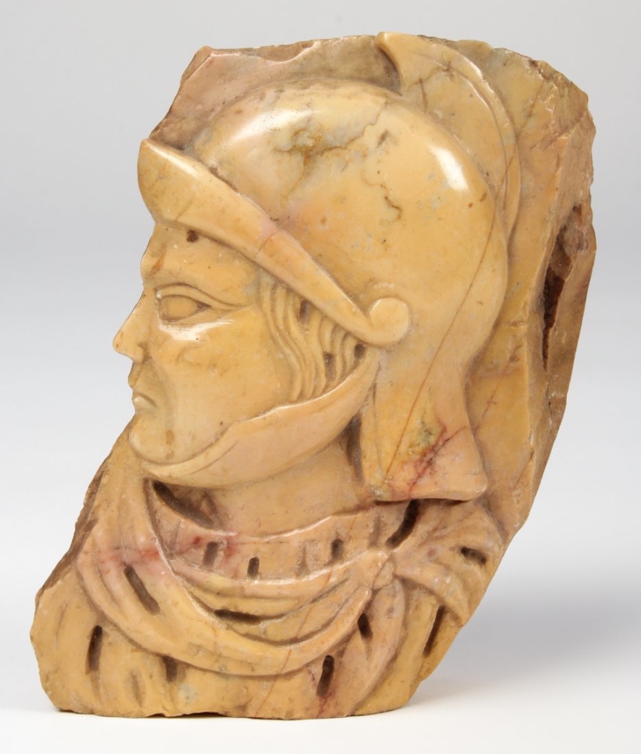 Relief Carved Marble Bust: Relief Carved Marble Bust. Rosa verona marble with roman soldier motif. Size: 7.25" x 5.5" x 2" (18 x 14 x 5 cm).