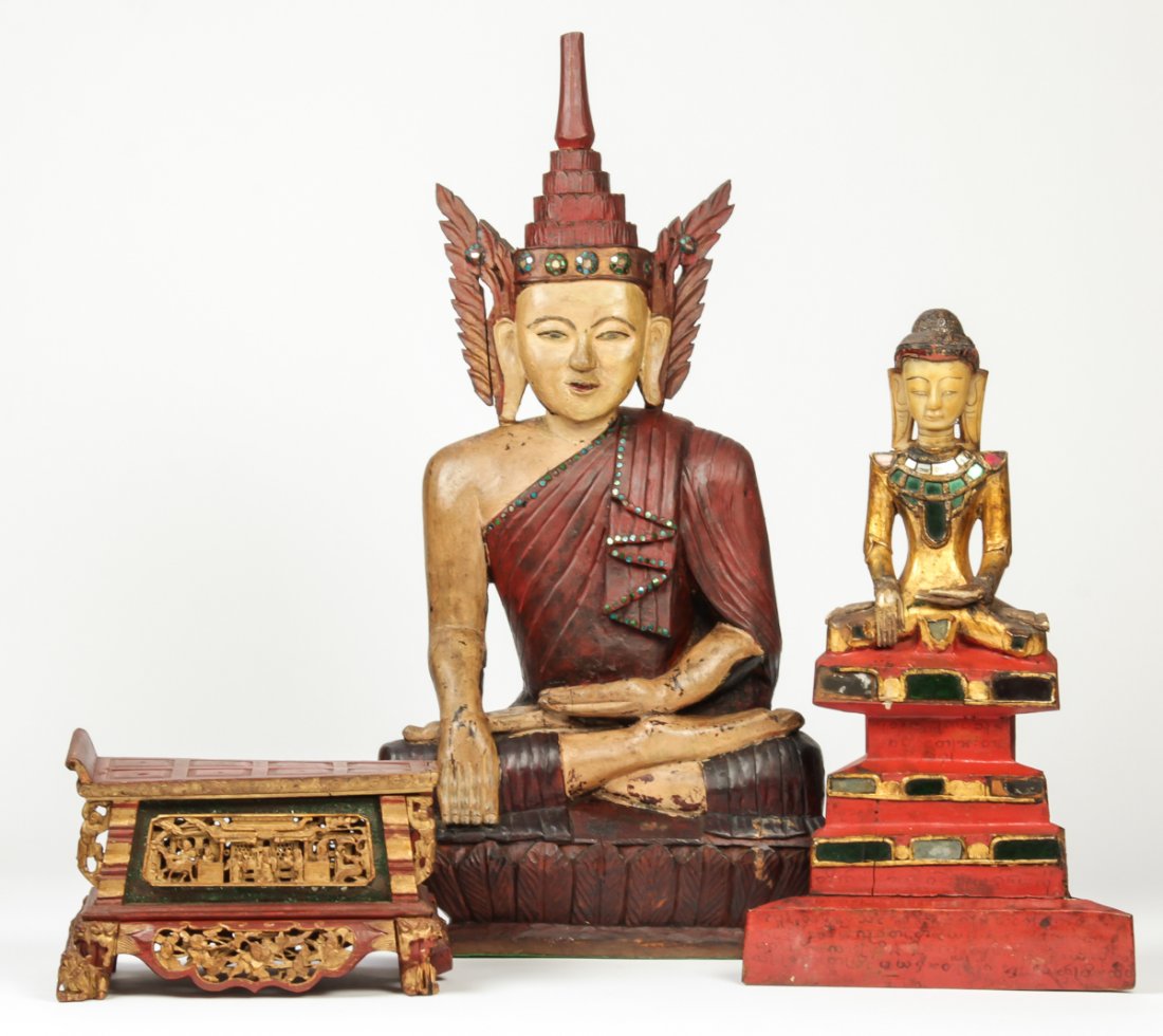 Mission Lot of 3 Carved Wood Artifacts: Mission lot of 3 carved wood artifacts. 2 Thai Buddha and 1 Chinese altar piece. Size: 30" x 14.5" x 6", 76 x 37 x 15 cm (largest).