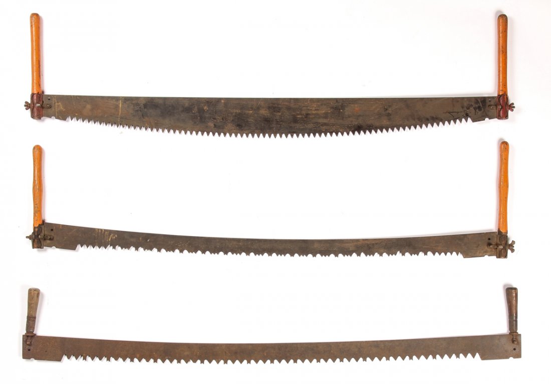 Sawyer's Lot of 3 Log Saws: Sawyer's Lot of 3 Log Saws. Size: 65" x 13" x 2", 165 x 33 x 5 cm (largest).