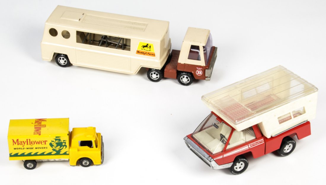 Vintage Structo and Buddy L Toy Group: Vintage Structo and Buddy L Toy Group. Size: trailer 4.25" x 15.5 " x 3.5" (11 x 40 x 9 cm).