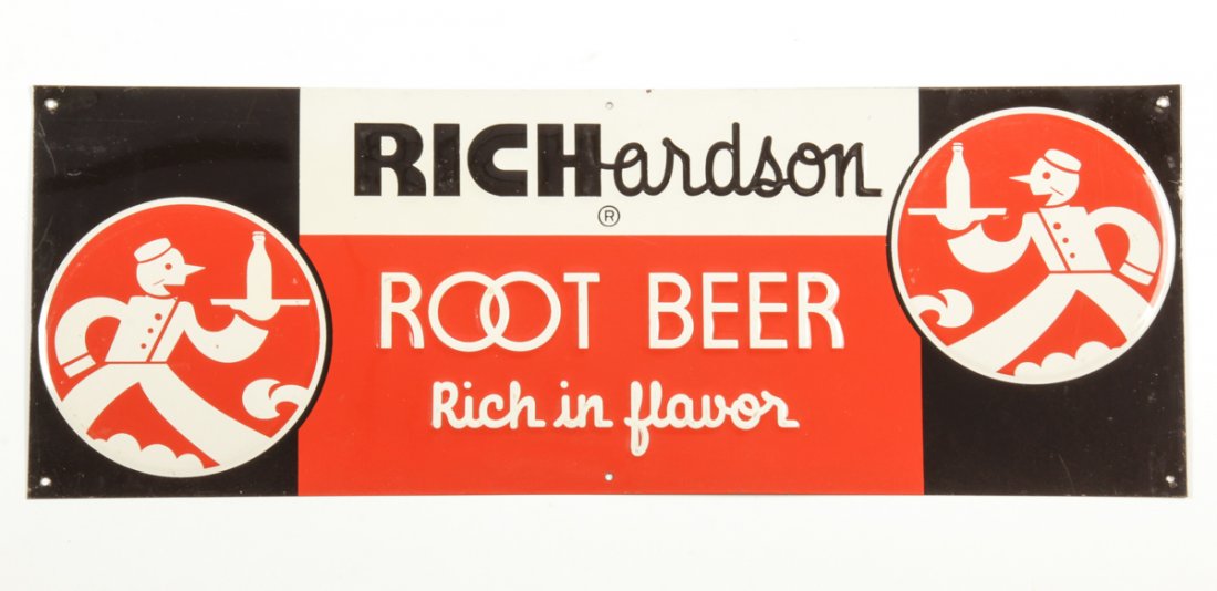 Rich Hardson Rootbeer Embossed Metal Soda: Rich Hardson Root Beer Embossed Metal Soda Advertising Sign. ex. Dingman Collection. Size: Size: 8.5" x 23.5" (22 x 60 cm).