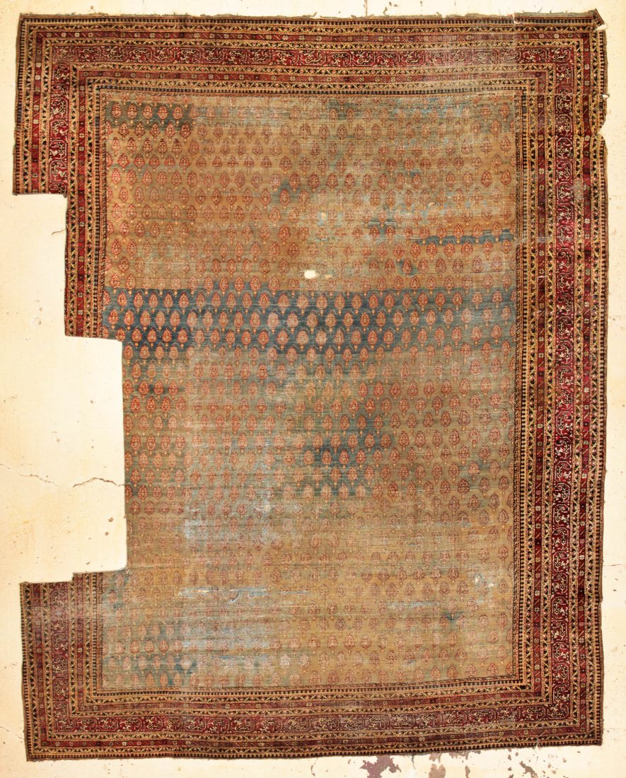 Antique Agra Rug: 12'11" x 16'7" (394 x 505 cm): Antique Agra Rug: 12'11" x 16'7" (394 x 505 cm), India, 19th c., worn, missing large section.