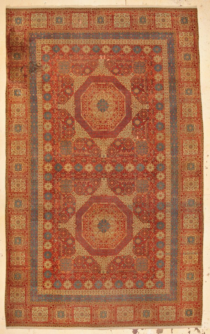 Mansion-Size Mamluk Rug: 10'10" x 17'8" (330 x 538 cm): Mansion-Size Mamluk Rug:10'10" x 17'8" (330 x 538 cm), Turkey. Shows wear, fraying, surface staining in one corner.