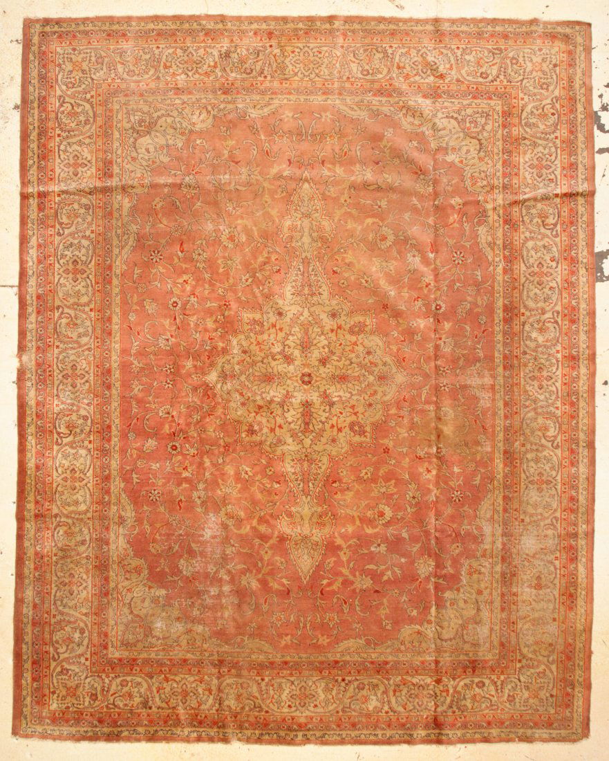 Antique Oushak Rug: 10' x 12'7" (305 x 384 cm): Antique Oushak Rug: 10' x 12'7" (305 x 384 cm), Turkey, circa 1900, shows areas of wear, fraying sides and ends.