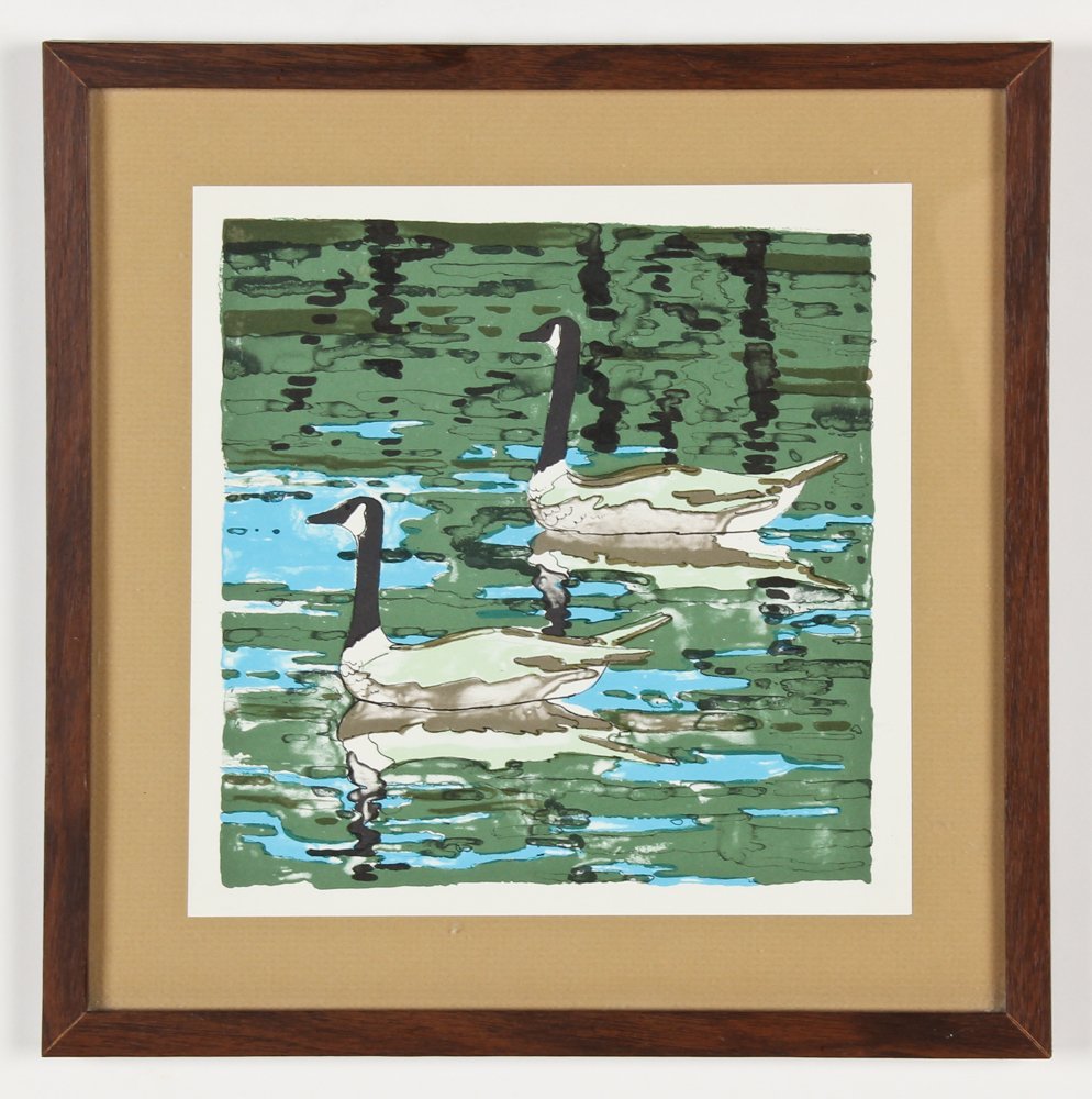Neil Welliver (American, 1929-2005) Canada Geese: Neil Welliver (American, 1929-2005) Canada Geese, lithograph on paper, aside from the edition of 75, signature not found. Size: 8.5" x 8.5", 22 x 22 cm (sheet); 11.75" x 11.75", 30 x 30 cm (frame).