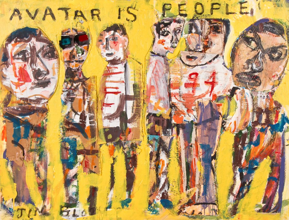 Jim Bloom (American, b. 1968) "AVATAR IS PEOPLE": Jim Bloom (American, b. 1968) "AVATAR IS PEOPLE", mixed media on canvas. Size: 36" x 48", 91 x 122 cm (stretcher).