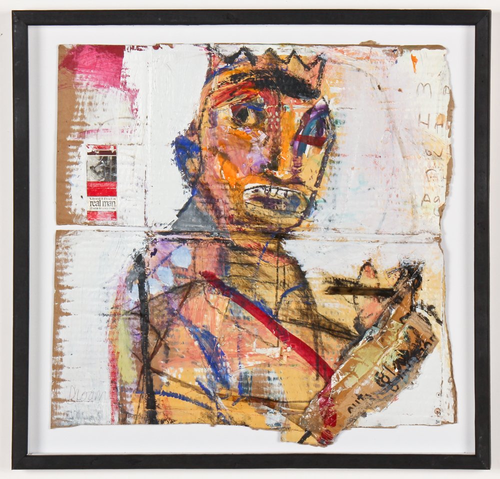 Jim Bloom (American, b. 1968) Portrait: Jim Bloom (American, b. 1968) Portrait, mixed media painting on board. Size: 19" x 19.5", 48 x 50 cm (irregular board), 22.25" x 22.75", 57 x 58 cm (frame).