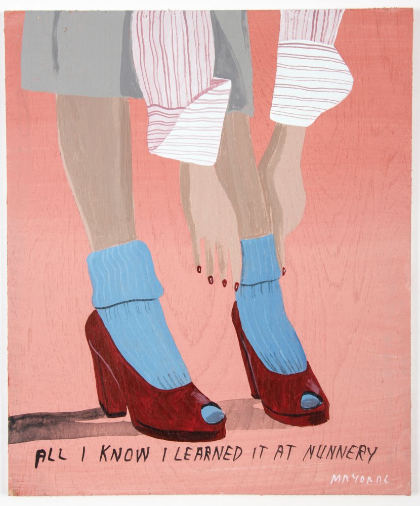 Javier Mayoral (American, 20th c.) "ALL I KNOW...": Javier Mayoral (American, 20th c.) "ALL I KNOW I LEARNED AT NUNNERY". Painted board. Signed front and back. Size: 9.5" x 8" (24 x 20 cm).
