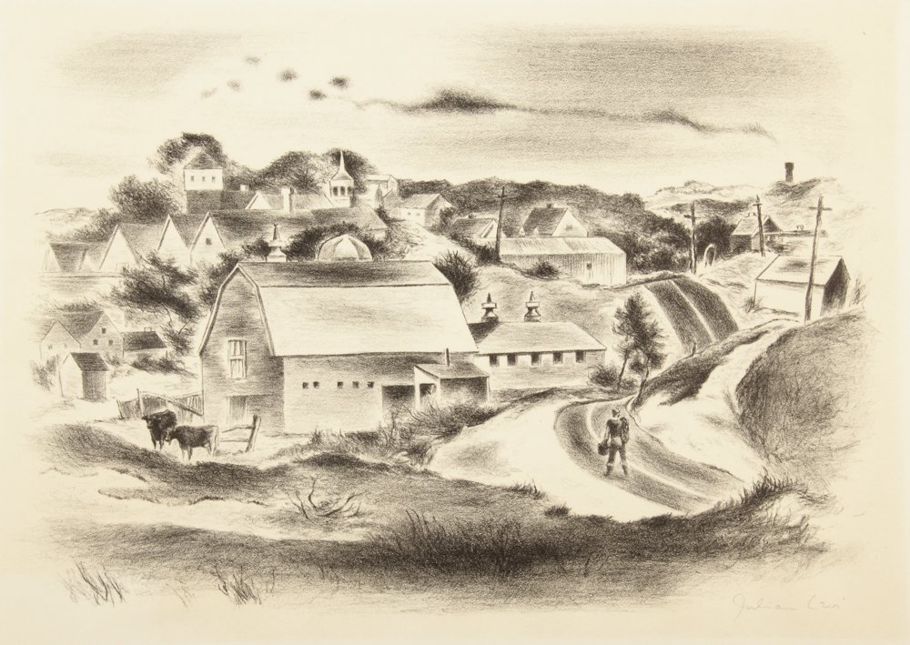 Julian Levi, Lithograph: Julian Edwin Levi (American, 1900-1982) "Road to Provincetown", lithograph. Size: 12" x 16", 30 x 41 cm (sheet); 14" x 18", 36 x 46 cm (mat).